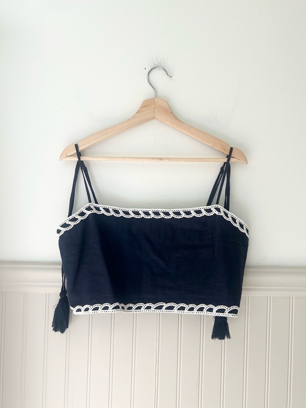Christian Lacroix Large Navy Blue Cropped Cami White Crochet Trim Tassels